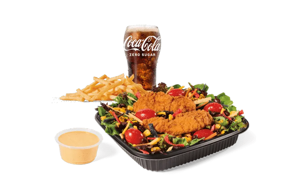 Crispy chicken Southwest salad plus a drink for a satisfying meal.