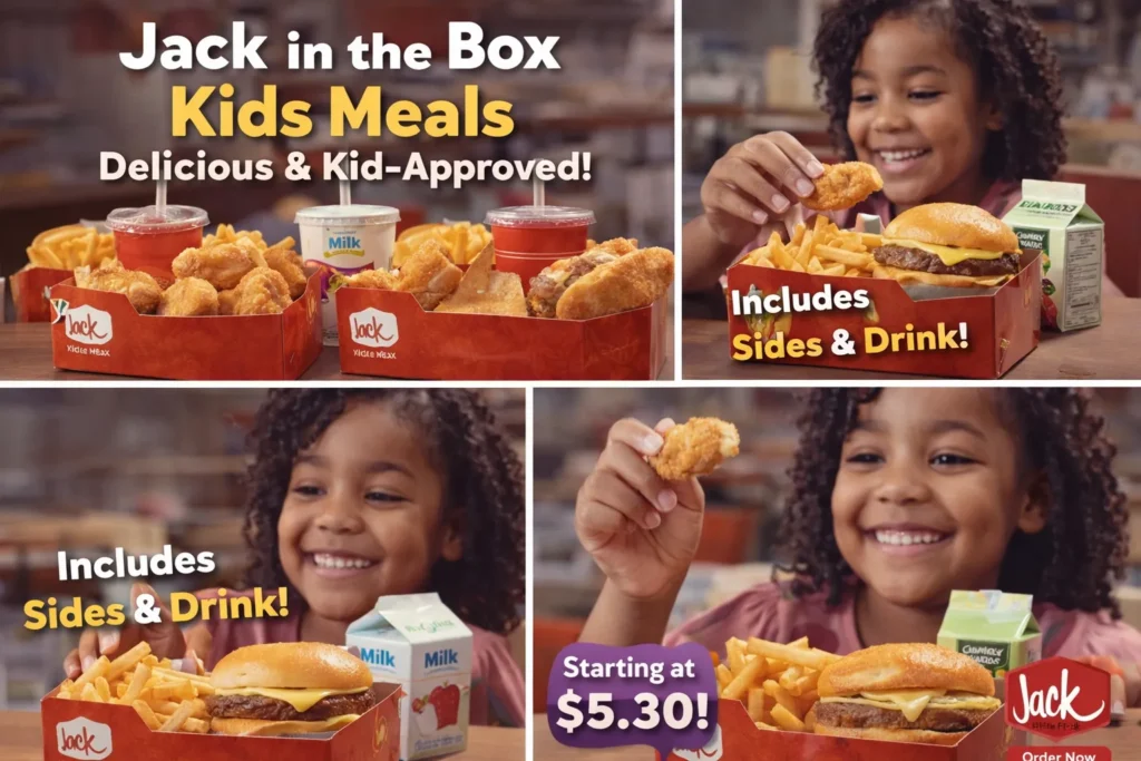 kids Menu 1 Happy children enjoying Jack in the Box Kids Meals featuring cheeseburgers, chicken nuggets, fries, and milk. Bright and cheerful setting with boxed meals labeled 'Kids Meals – Includes Sides & Drink!' and price starting at $5.30
