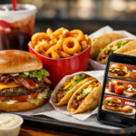 Jack in the Box meal with burger, curly fries, tacos and a smartphone displaying discount coupons