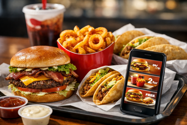 Jack in the Box meal with burger, curly fries, tacos and a smartphone displaying discount coupons